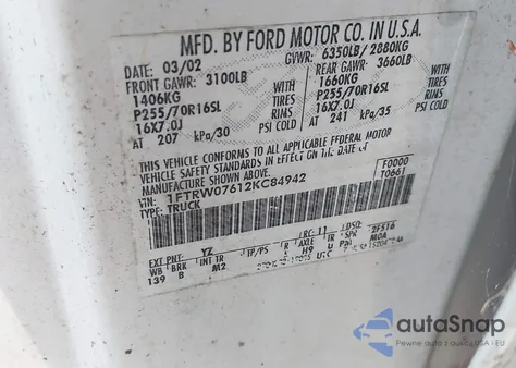 2002 Ford F-150 Lariat/Xlt from USA, damaged, VIN 1FTRW07612KC84942